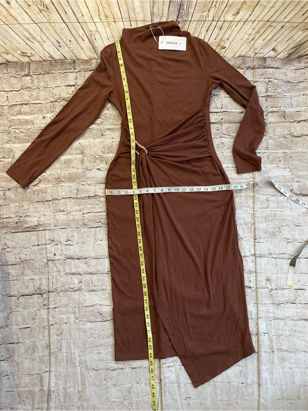 NWT ZESICA brown, long sleeve mock neck, detailed mid dress size M. - Picture 5 of 12